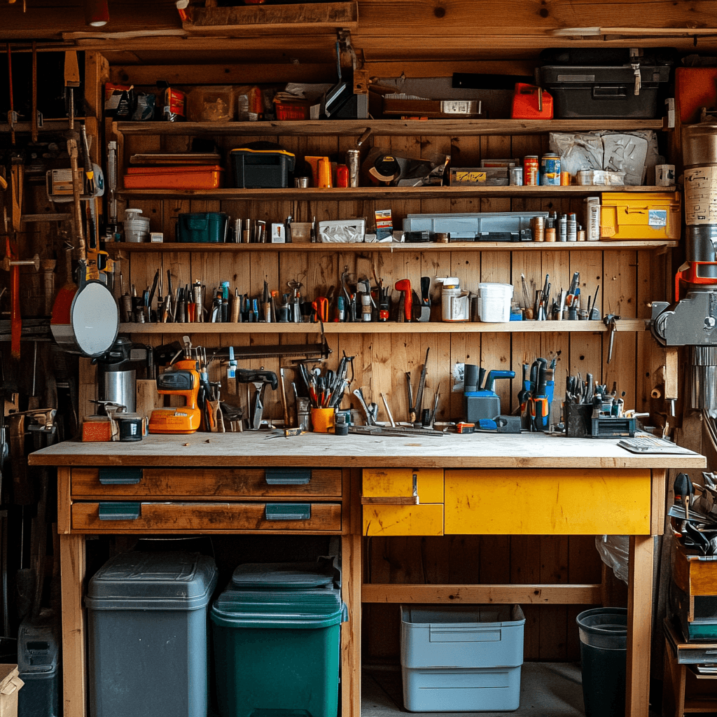 A crowded garage workbench used for several kinds of work, with four levels of open shelving above it and drawers built into the bench