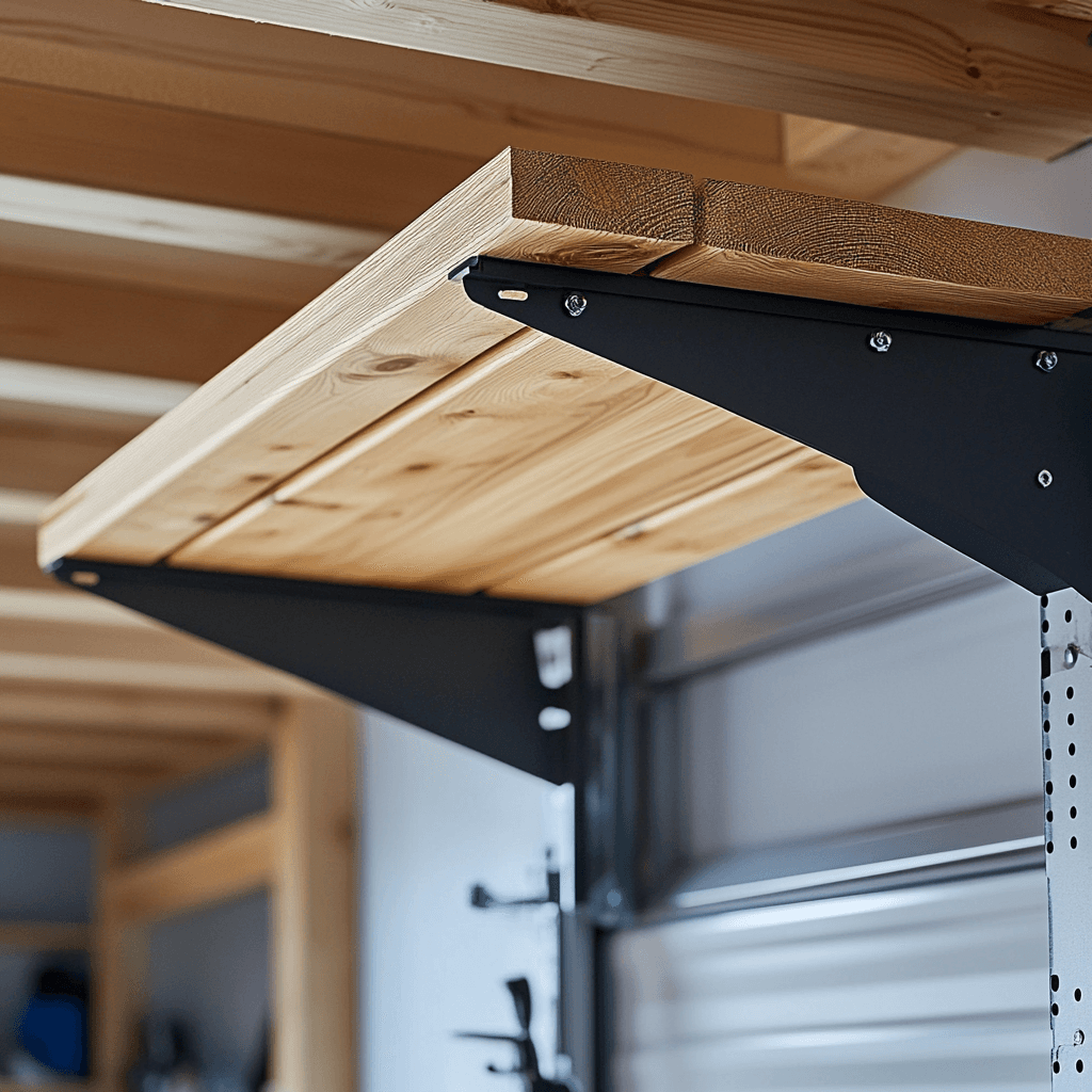 A wooden storage shelf mounted on black steel brackets high on a garage wall, just below the ceiling joists