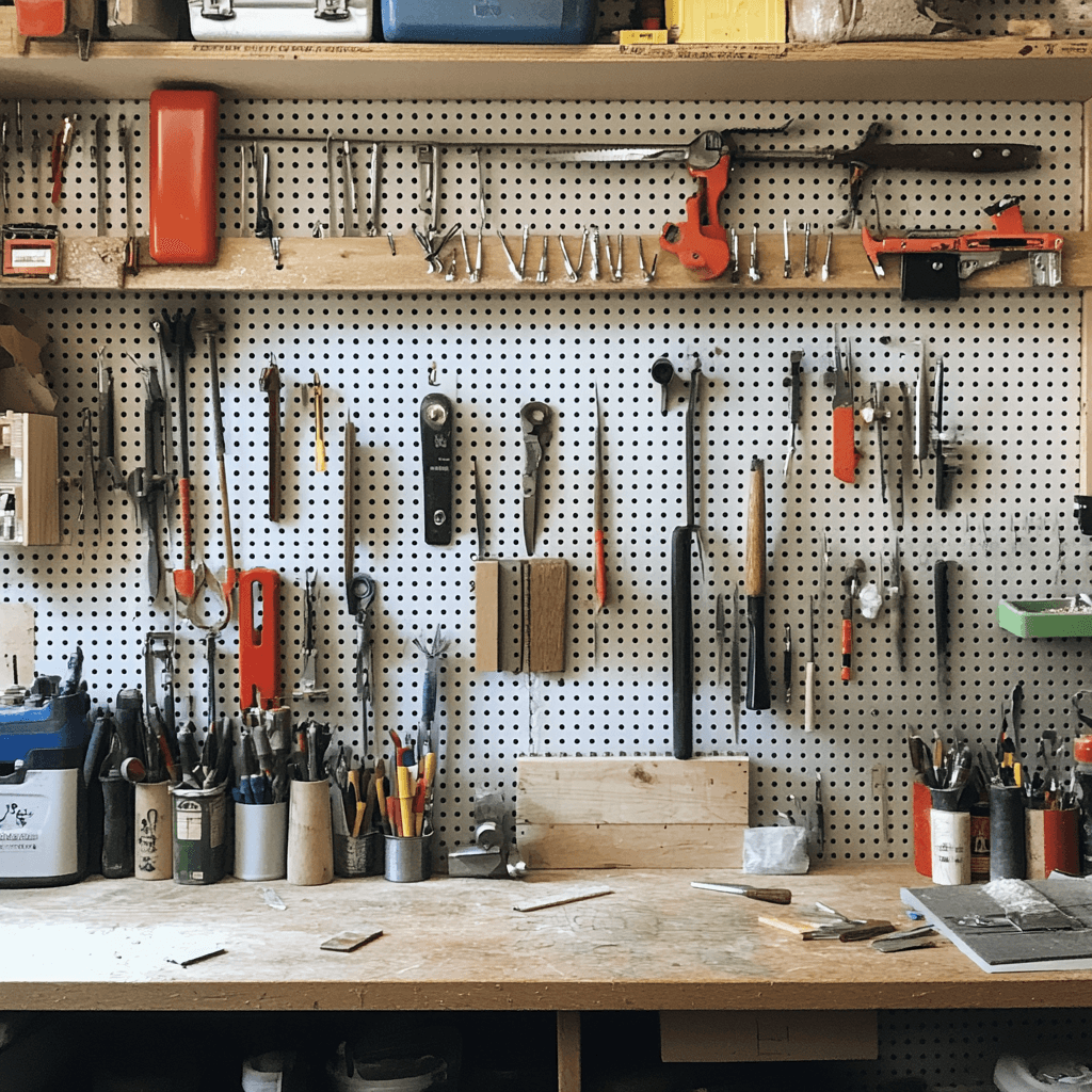 A white pegboard above a workbench, with pliers, files, saws and clamps hung in rows and hand tools standing upright in tins on the bench
