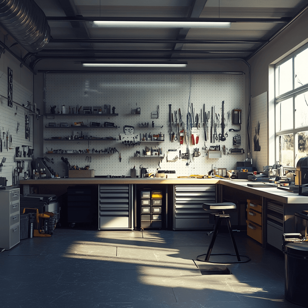 A workshop finished in light colours, with white pegboard walls, pale bench tops and grey steel drawer cabinets