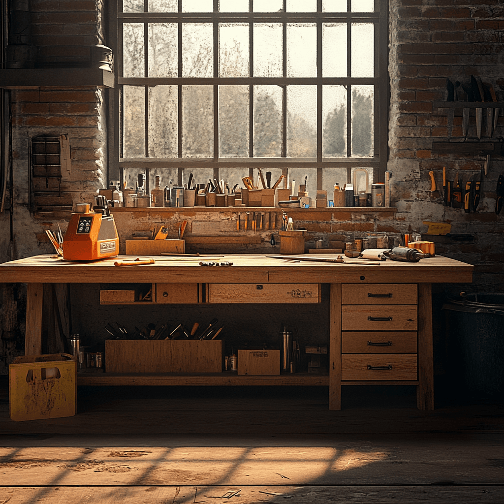A workbench in front of a large window, with drawers, a low shelf and open storage filling the space underneath it