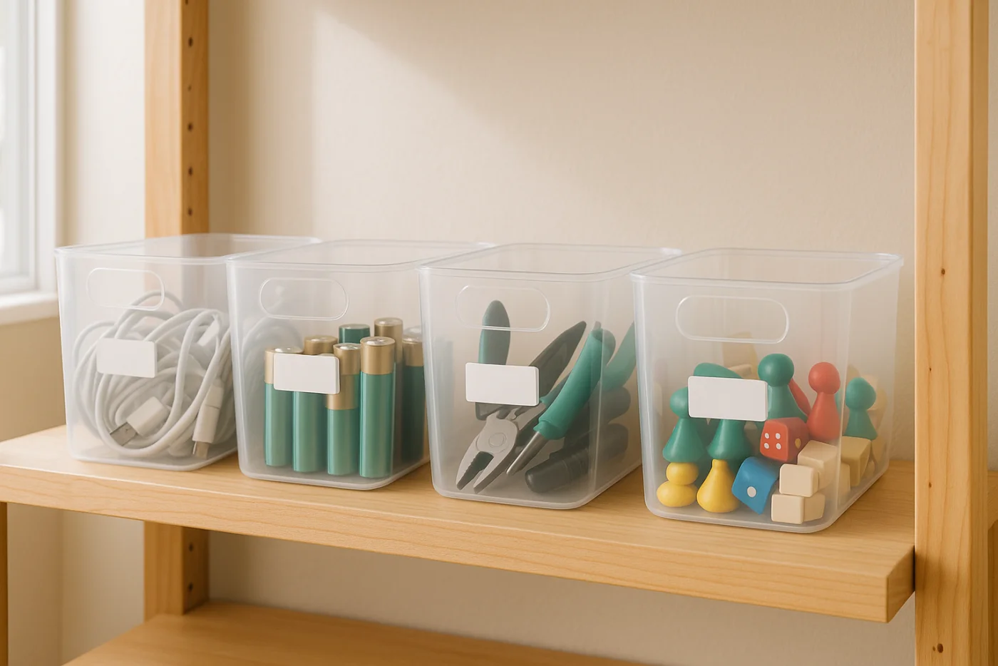 Clear labeled storage bins on open shelving, ADHD-friendly transparent storage where cables, batteries and tools stay visible instead of becoming clutter