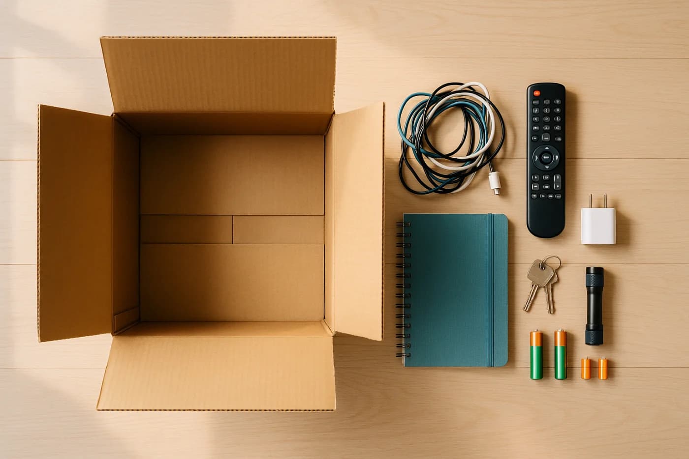 Doom box flat-lay: a cardboard box with cables, remote, notebook, charger, keys and batteries spread out beside it to photograph before boxing the ADHD doom pile
