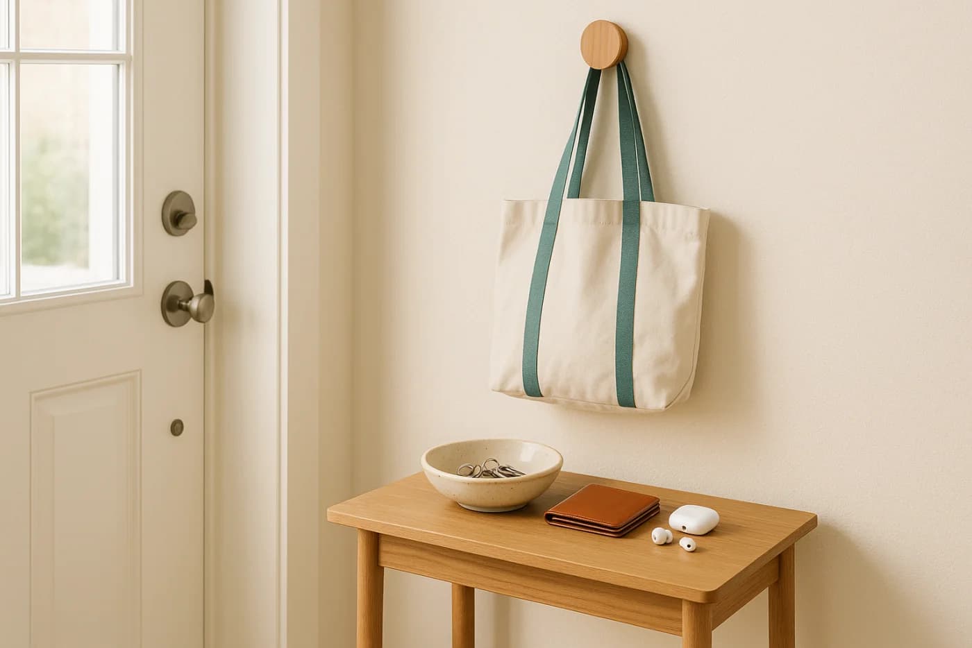 Entryway launch pad for ADHD: a bowl holding keys by the front door, with a wallet, earbuds and a tote on a hook, one fixed home for the things you lose most