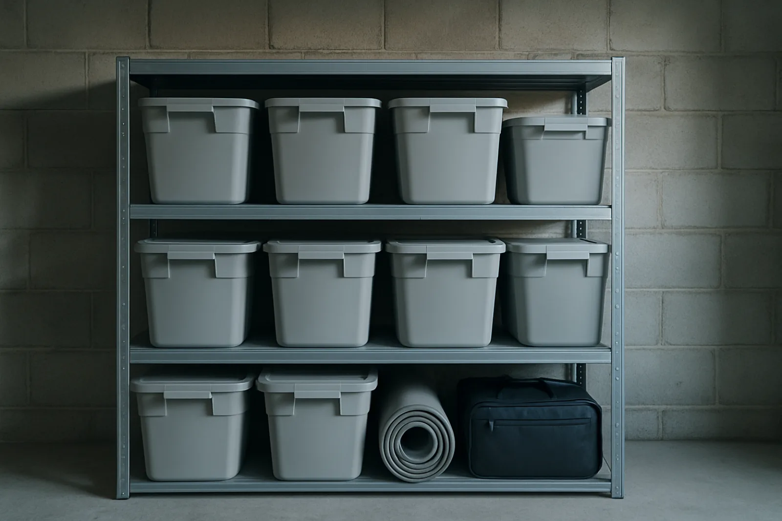 Basement shelving holding ten identical closed unlabeled storage bins, the everyday shape of ADHD object permanence where what you own stops registering once the lid goes on