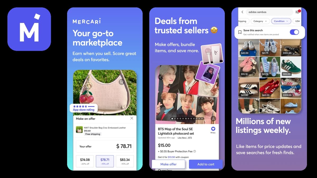 Mercari selling app screenshots