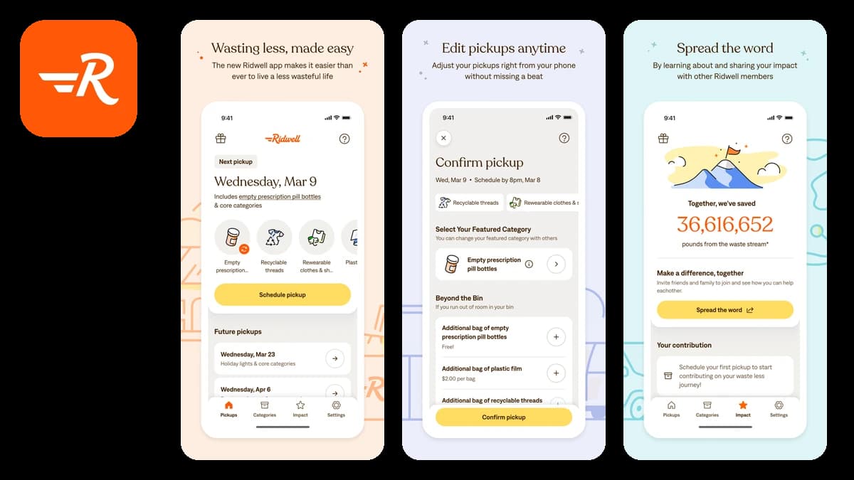 Ridwell recycling pickup app screenshots