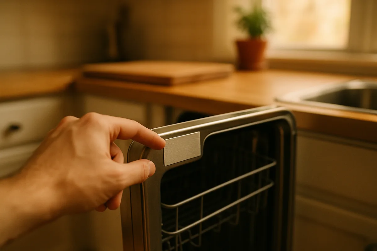 Finding the serial number on an appliance: the small metal data plate inside a dishwasher door frame