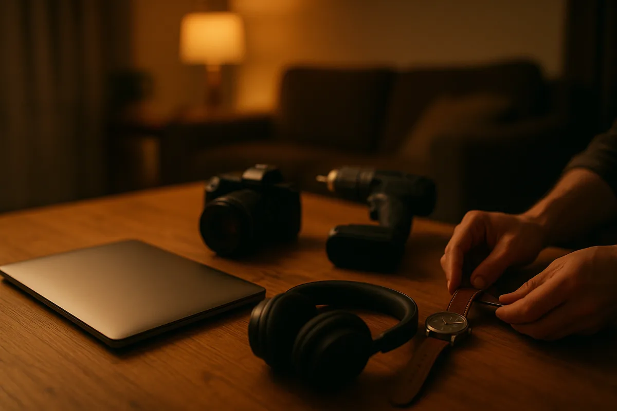 Documenting your most valuable items in one evening: a laptop, camera, drill, watch, and headphones gathered on a table