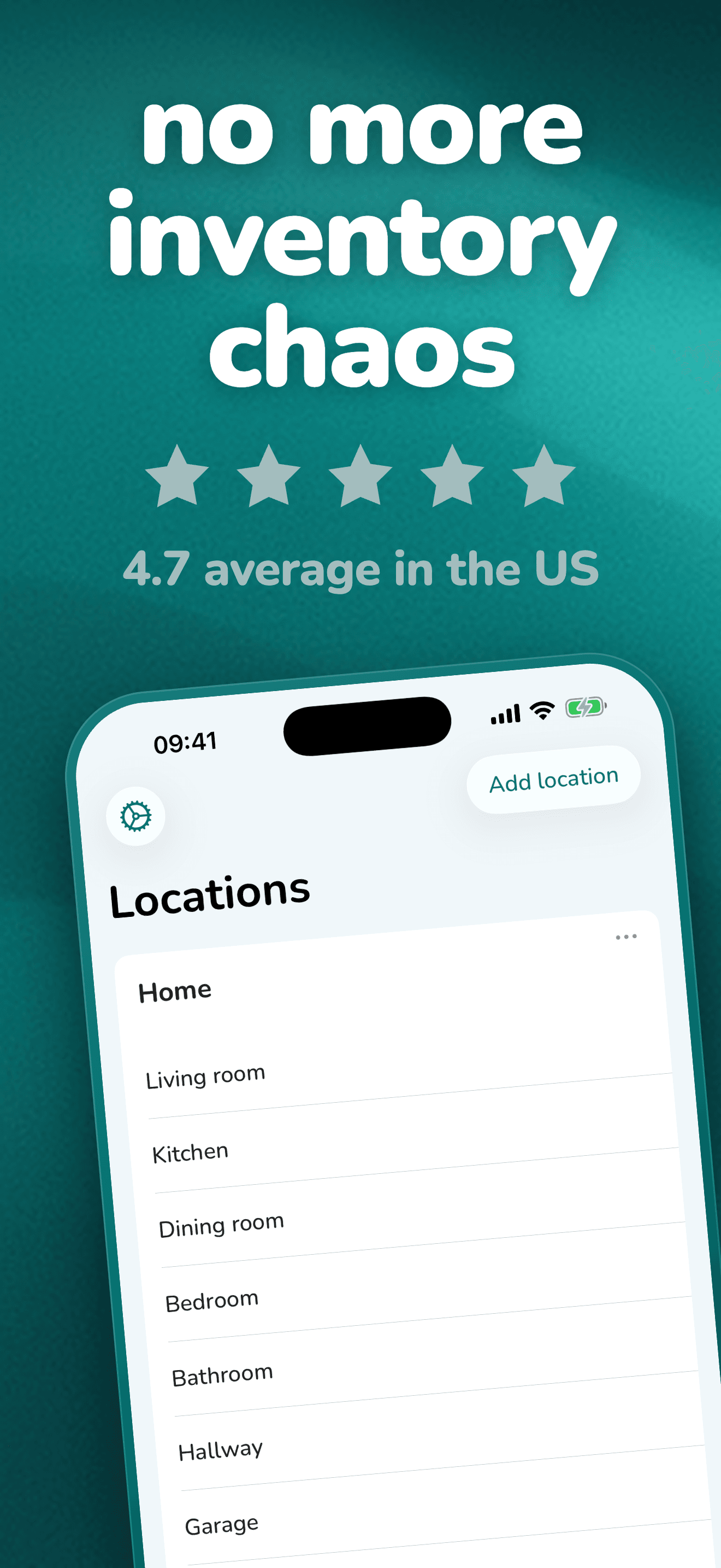 App Store screenshot of the Locations screen listing the rooms of a home, under the headline "no more inventory chaos" and a row of star icons above an average-rating caption