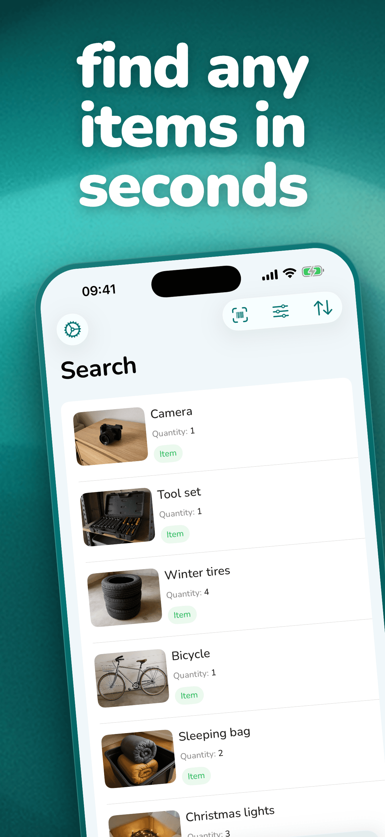 App Store screenshot of search results with item photos, under the headline "find any items in seconds"