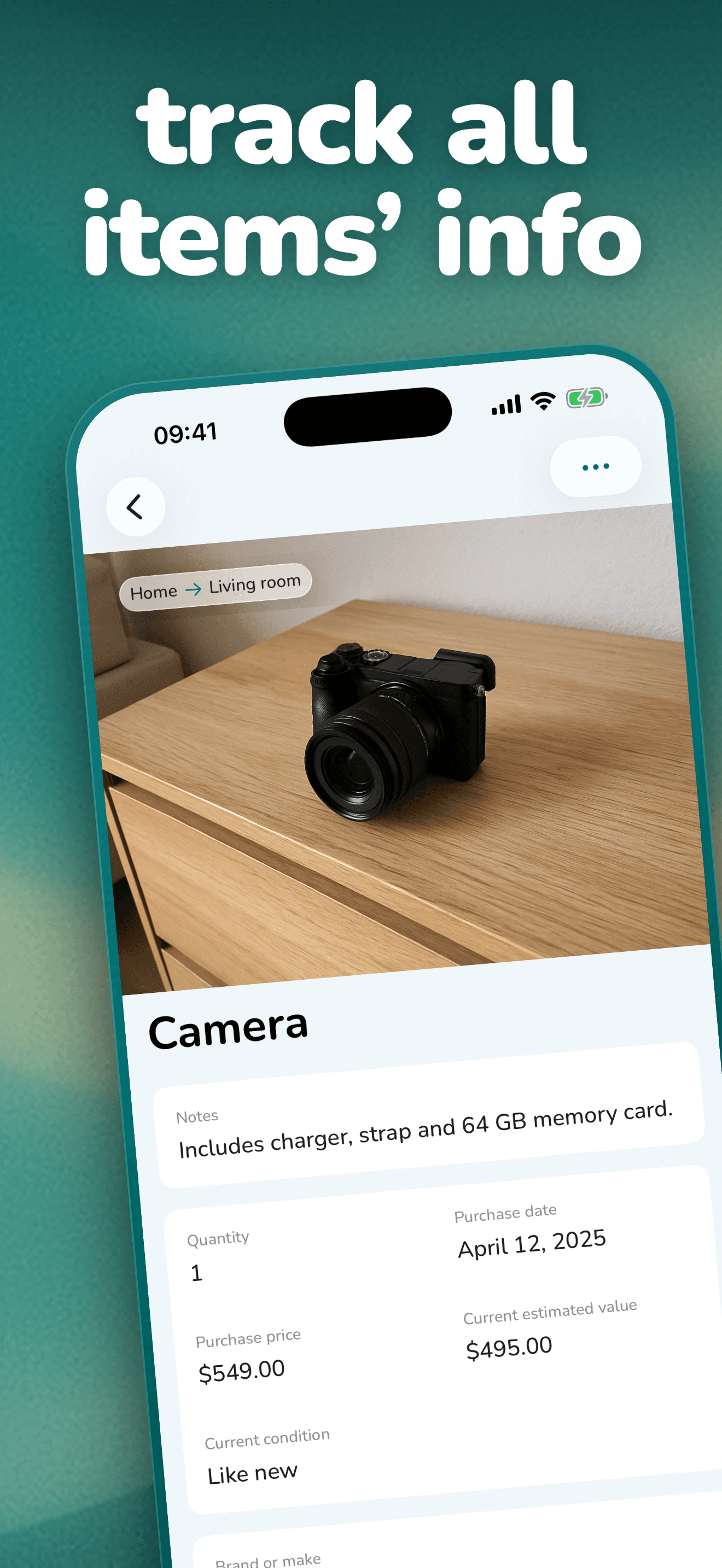 App Store screenshot of an item page for a camera with photo, notes, purchase date, prices, and condition, under the headline "track all items' info"