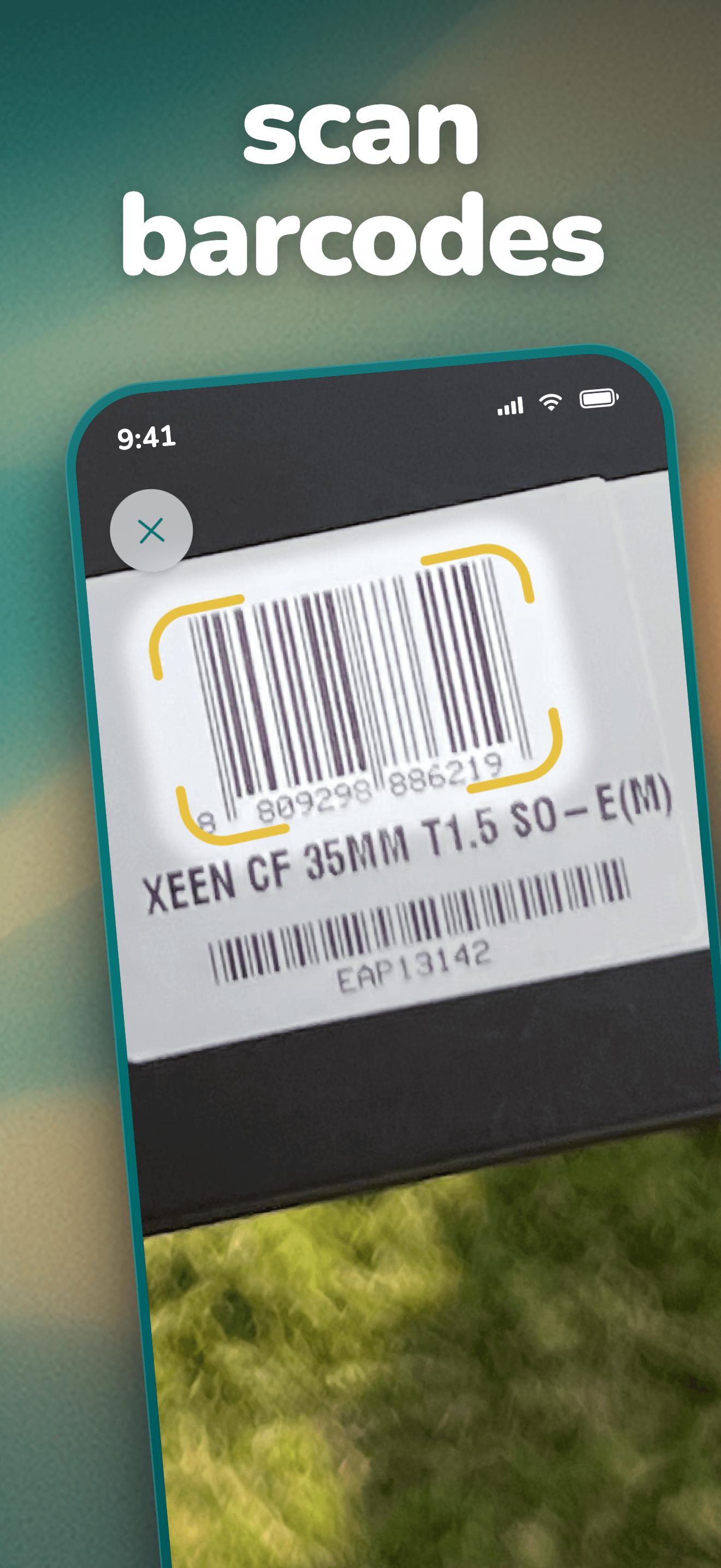 App Store screenshot of the barcode scanner reading a product barcode, under the headline "scan barcodes"