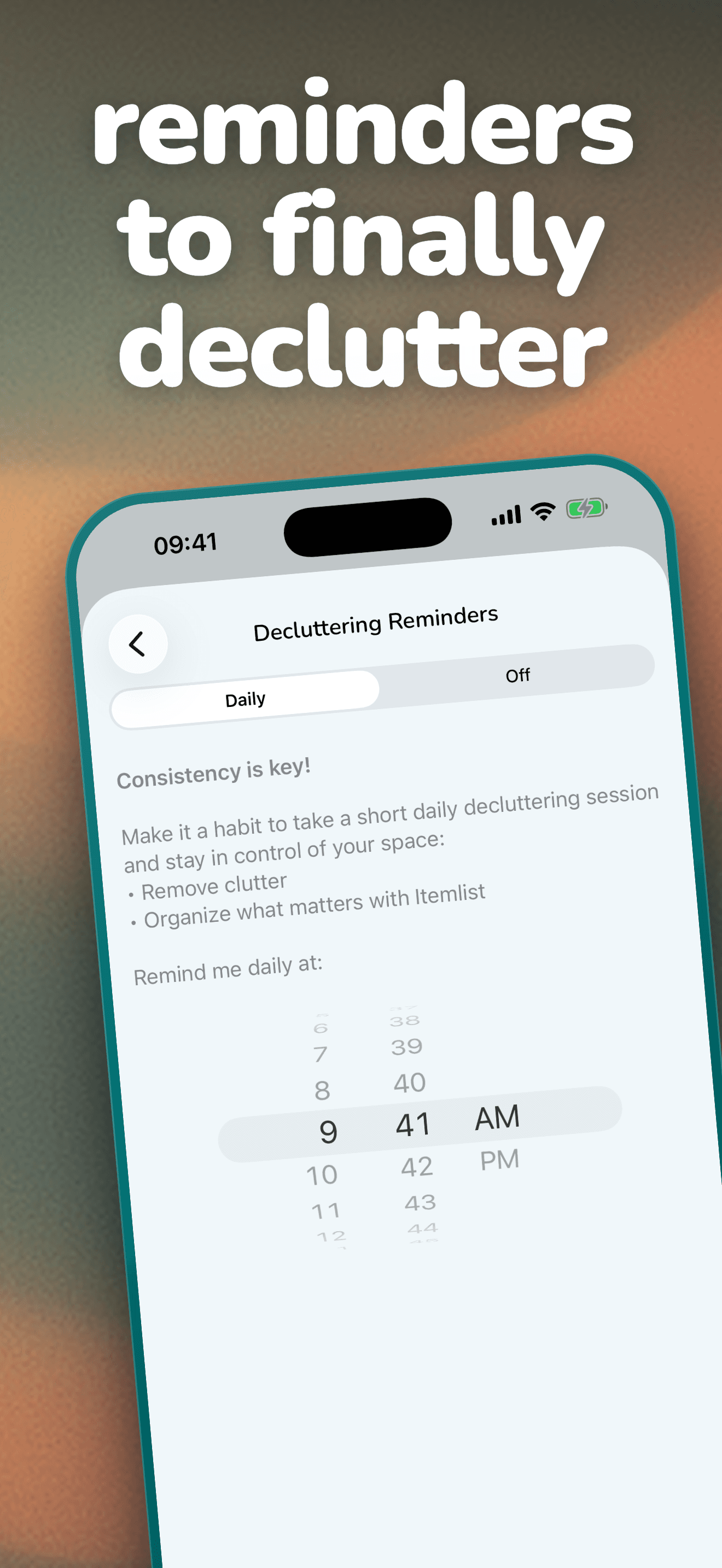 App Store screenshot of the daily decluttering reminders settings, under the headline "reminders to finally declutter"