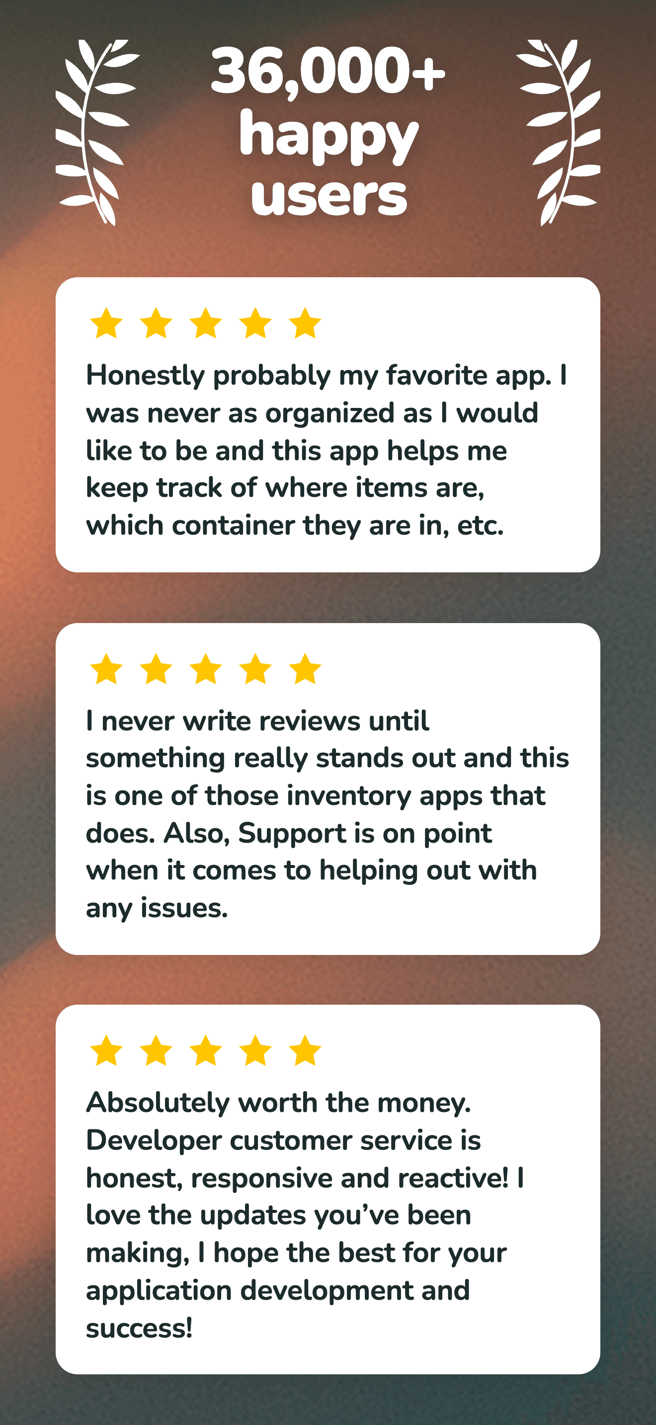 App Store screenshot with three user-review cards, each with a row of star icons, under a headline about the user base